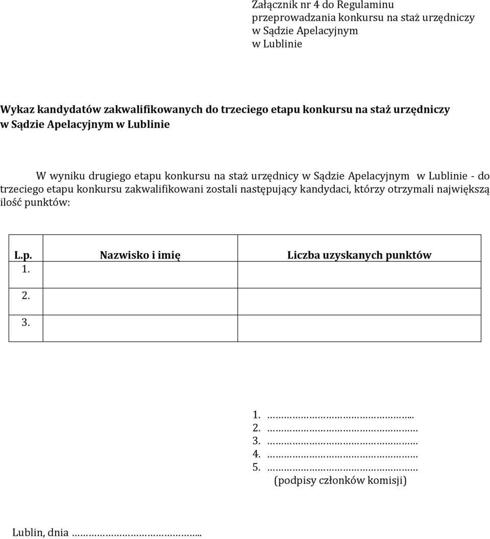 staż urzędnicy w Sądzie Apelacyjnym w Lublinie - do trzeciego etapu konkursu zakwalifikowani zostali następujący kandydaci, którzy