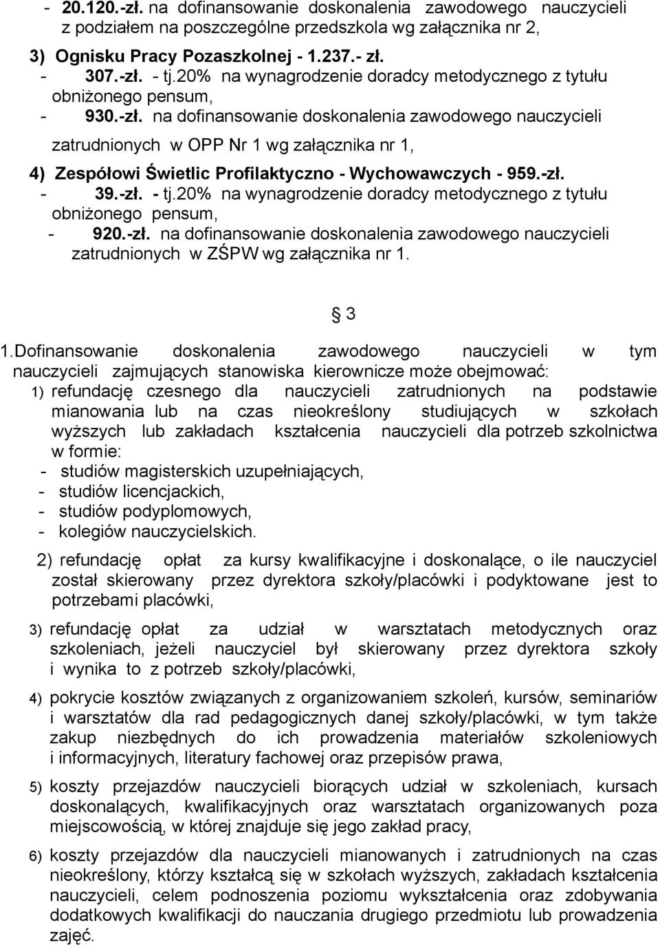 dofinsowanie doskolenia zawodowego uczycieli zatrudnionych w OPP Nr 1 wg załącznika nr 1, 4) Zespółowi Świetlic Profilaktyczno - Wychowawczych - 959.-zł. - 39.-zł. - tj.