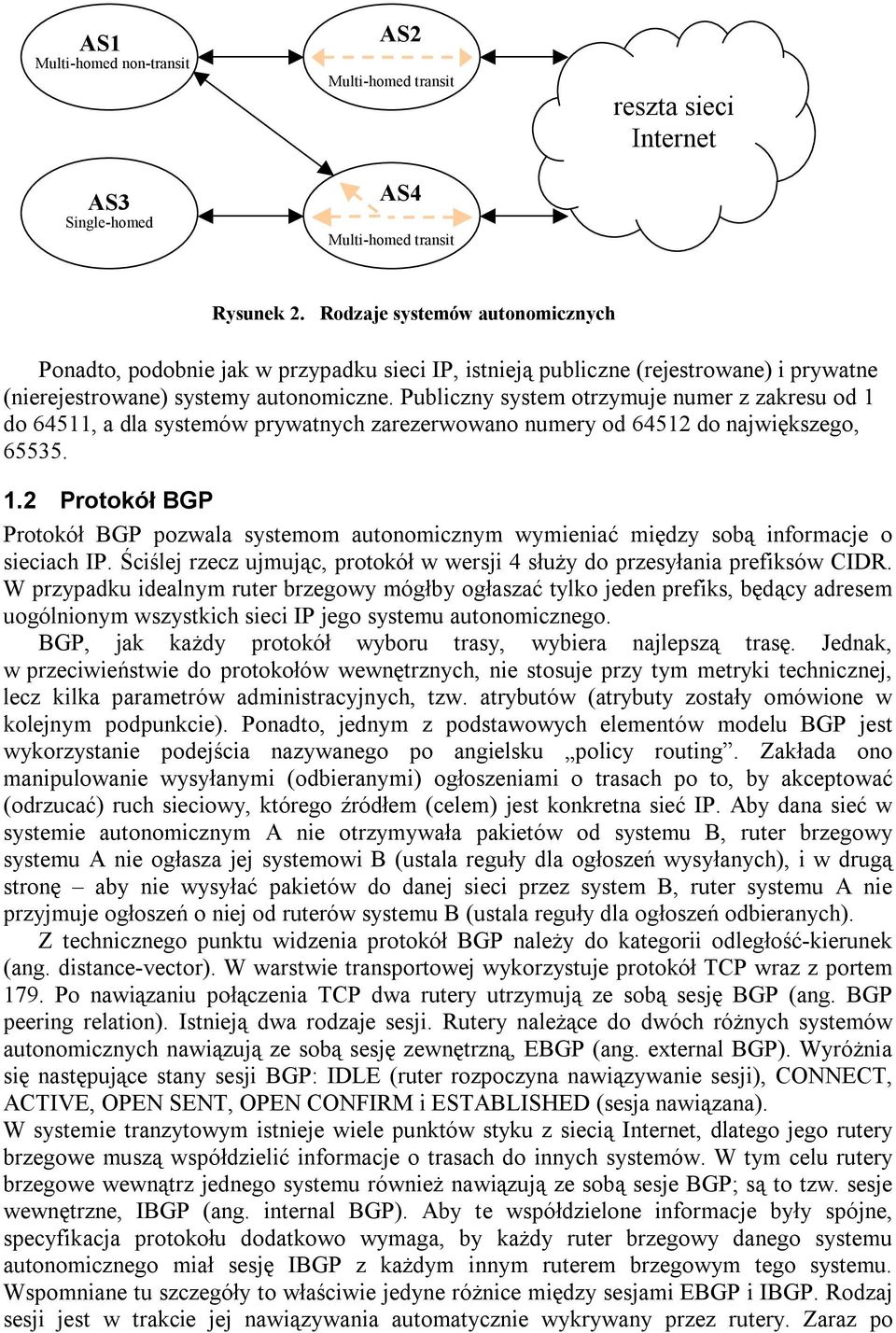 Publiczny system otrzymuje numer z zakresu od 1 do 64511, a dla systemów prywatnych zarezerwowano numery od 64512 do największego, 65535. 1.2 Protokół BGP Protokół BGP pozwala systemom autonomicznym wymieniać między sobą informacje o sieciach IP.