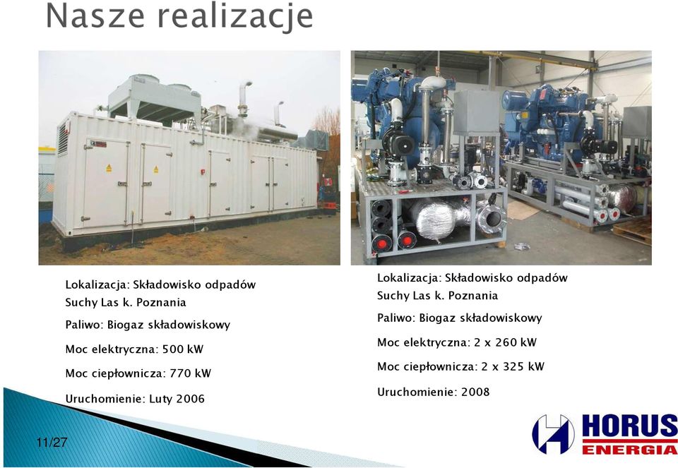 770 kw Uruchomienie: Luty 2006  Poznania Paliwo: Biogaz składowiskowy Moc