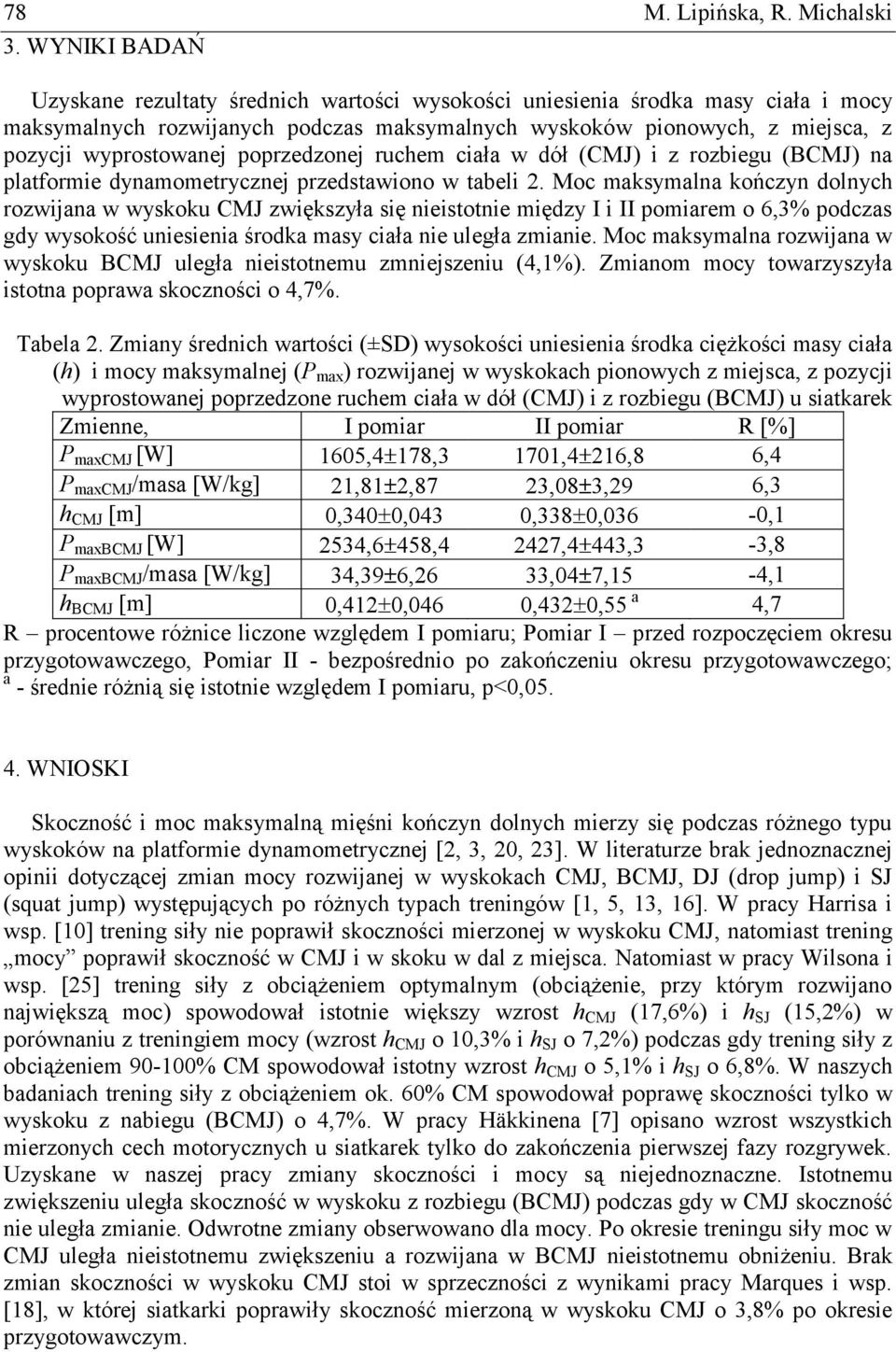 poprzedzonej ruchem ciała w dół (CMJ) i z rozbiegu (BCMJ) na platformie dynamometrycznej przedstawiono w tabeli 2.