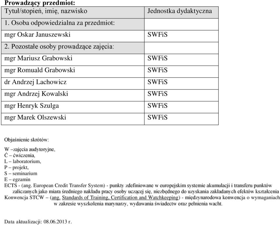 skrótów: W zajęcia audytoryjne, Ć ćwiczenia, L laboratorium, P projekt, S seminarium E egzamin ECTS - (ang.