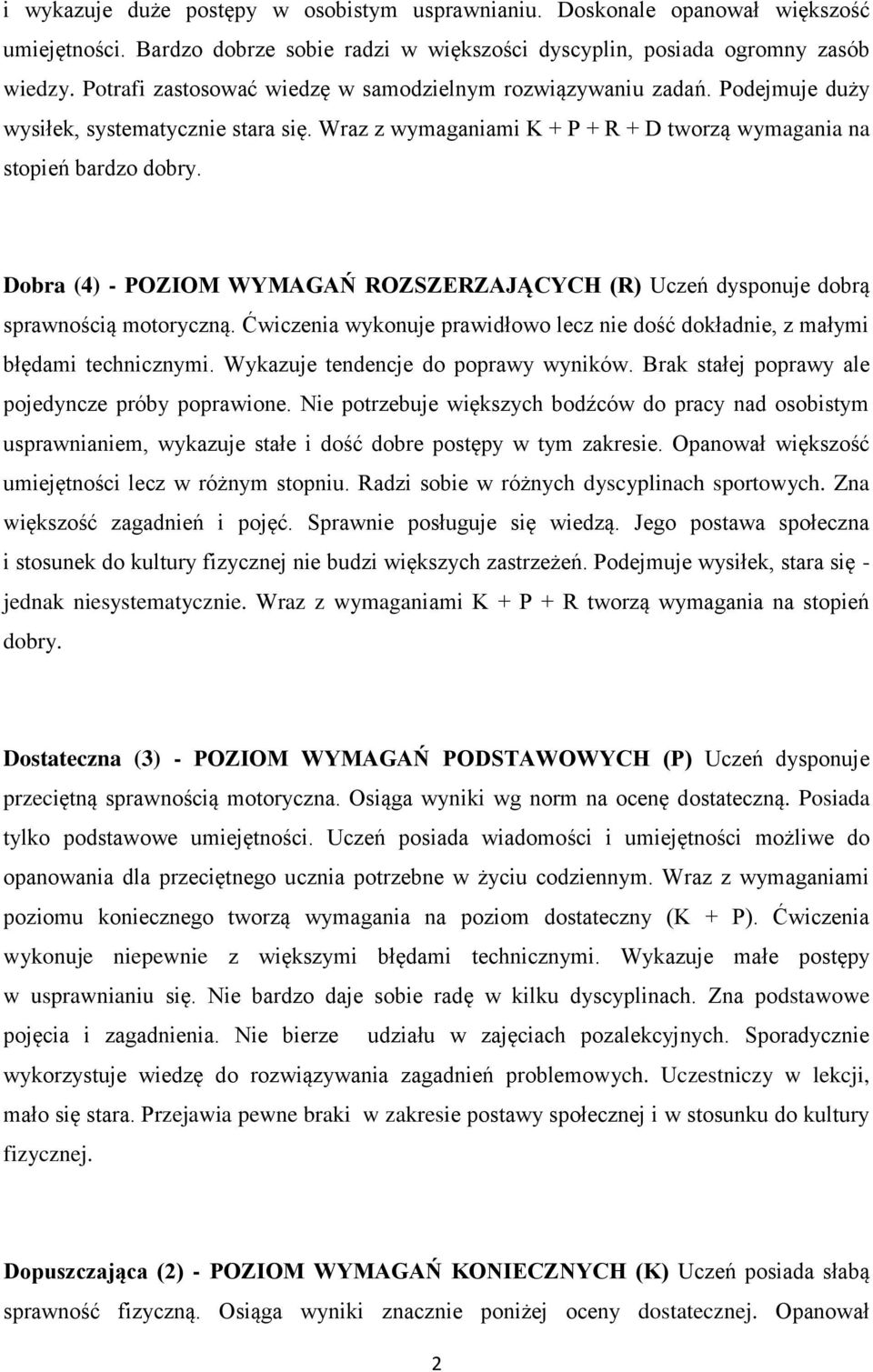 Dobra (4) - POZIOM WYMAGAŃ ROZSZERZAJĄCYCH (R) Uczeń dysponuje dobrą sprawnością motoryczną. Ćwiczenia wykonuje prawidłowo lecz nie dość dokładnie, z małymi błędami technicznymi.