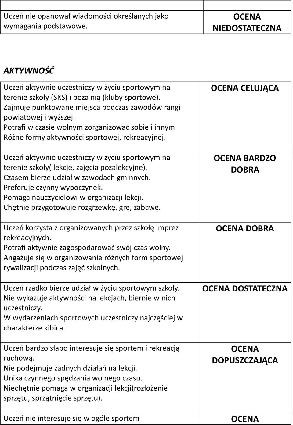 Uczeń aktywnie uczestniczy w życiu sportowym na terenie szkoły( lekcje, zajęcia pozalekcyjne). Czasem bierze udział w zawodach gminnych. Preferuje czynny wypoczynek.