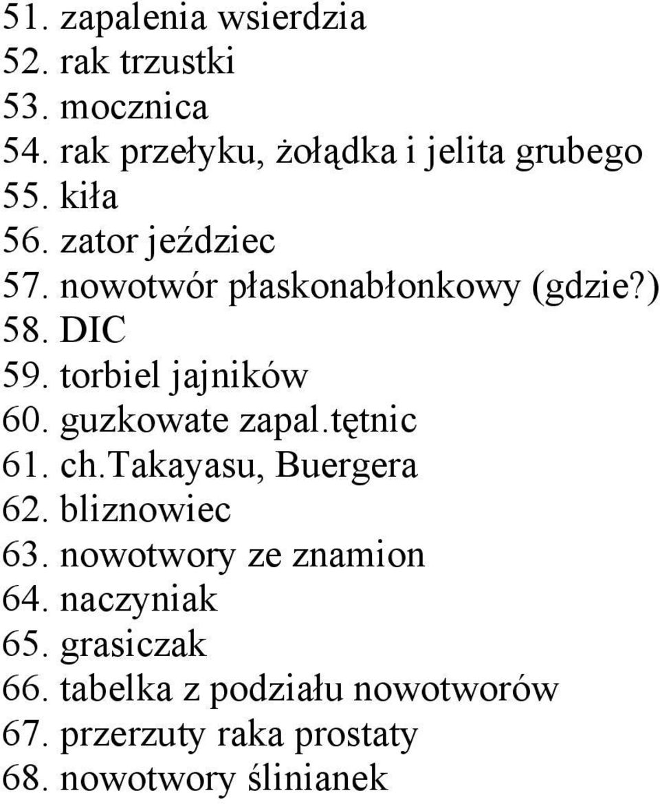 guzkowate zapal.tętnic 61. ch.takayasu, Buergera 62. bliznowiec 63. nowotwory ze znamion 64.