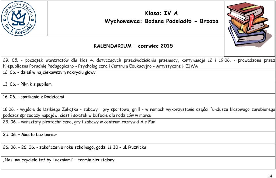 06. - wyjście do Dzikiego Zakątka - zabawy i gry sportowe, grill - w ramach wykorzystania części funduszu klasowego zarobionego podczas sprzedaży napojów, ciast i sałatek w bufecie