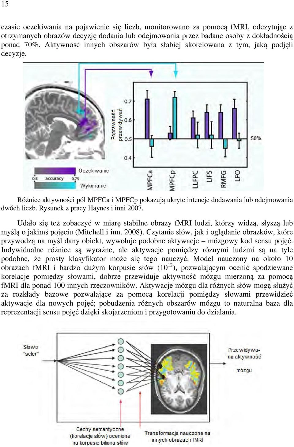 Rysunek z pracy Haynes i inni 2007. Udało się też zobaczyć w miarę stabilne obrazy fmri ludzi, którzy widzą, słyszą lub myślą o jakimś pojęciu (Mitchell i inn. 2008).