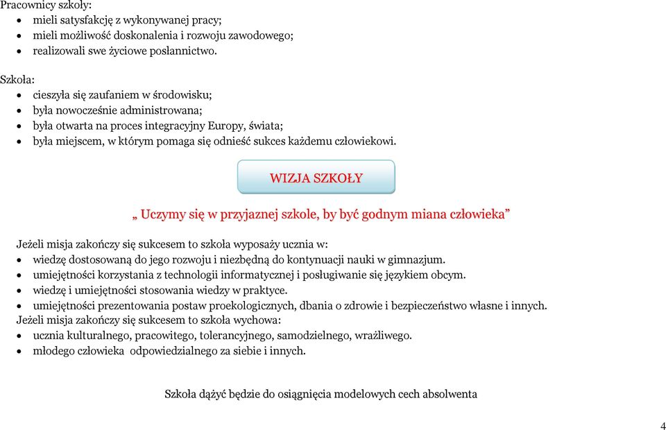 WIZJA SZKOŁY Uczymy się w przyjaznej szkole, by być godnym miana człowieka Jeżeli misja zakończy się sukcesem to szkoła wyposaży ucznia w: wiedzę dostosowaną do jego rozwoju i niezbędną do