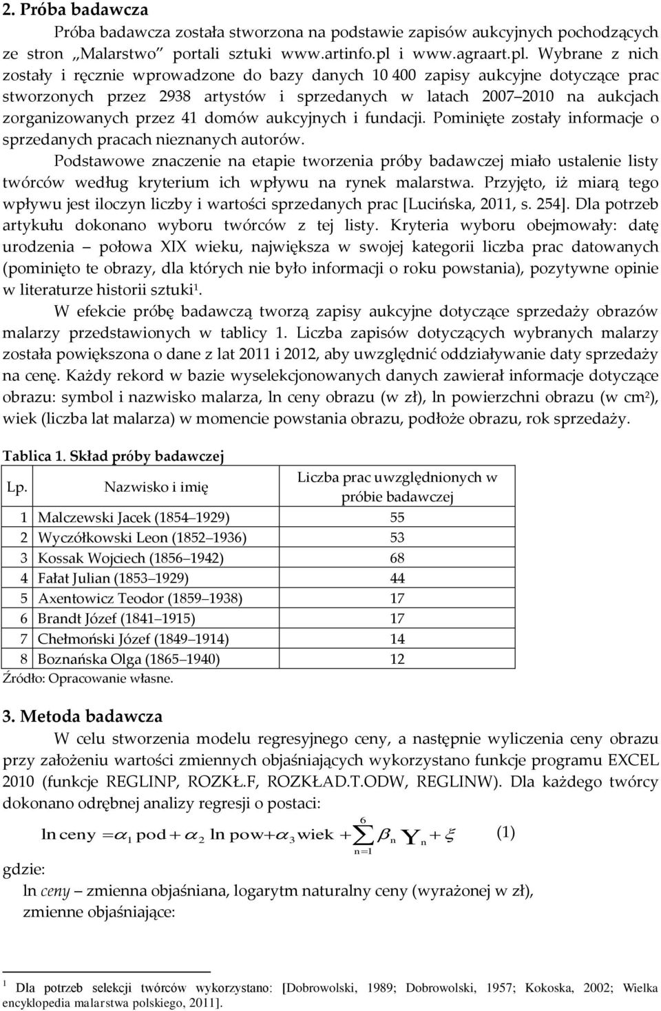 Wybrane z nich zostały i ręcznie wprowadzone do bazy danych 10 400 zapisy aukcyjne dotyczące prac stworzonych przez 2938 artystów i sprzedanych w latach 2007 2010 na aukcjach zorganizowanych przez 41