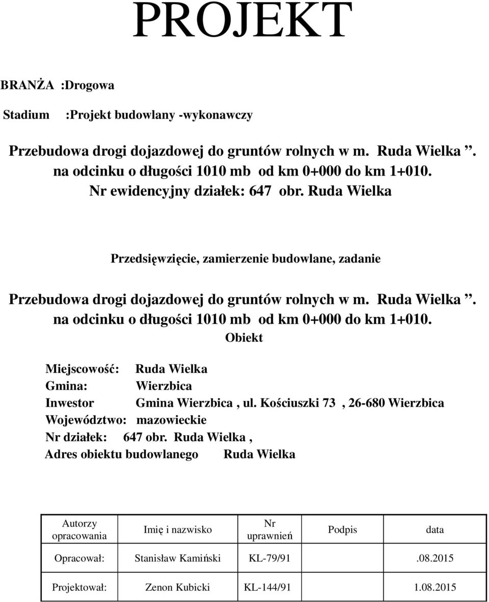 Obiekt Miejscowość: Ruda Wielka Gmina: Wierzbica Inwestor Gmina Wierzbica, ul. Kościuszki 73, 26-680 Wierzbica Województwo: mazowieckie Nr działek: 647 obr.