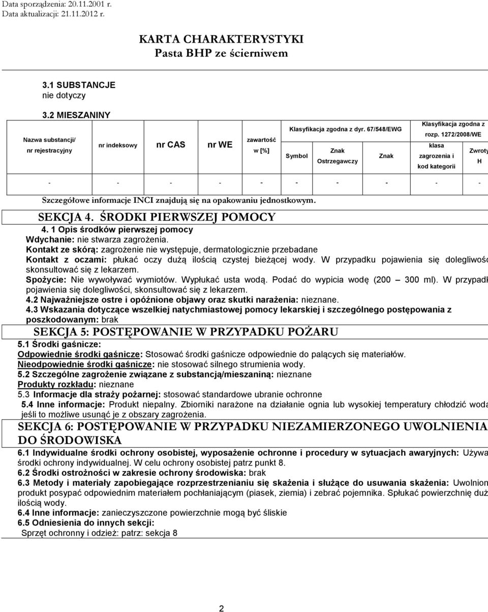 1272/2008/WE klasa Zwroty zagrozenia i H kod kategorii - - - - - - - - - - Szczegółowe informacje INCI znajdują się na opakowaniu jednostkowym. SEKCJA 4. ŚRODKI PIERWSZEJ POMOCY 4.