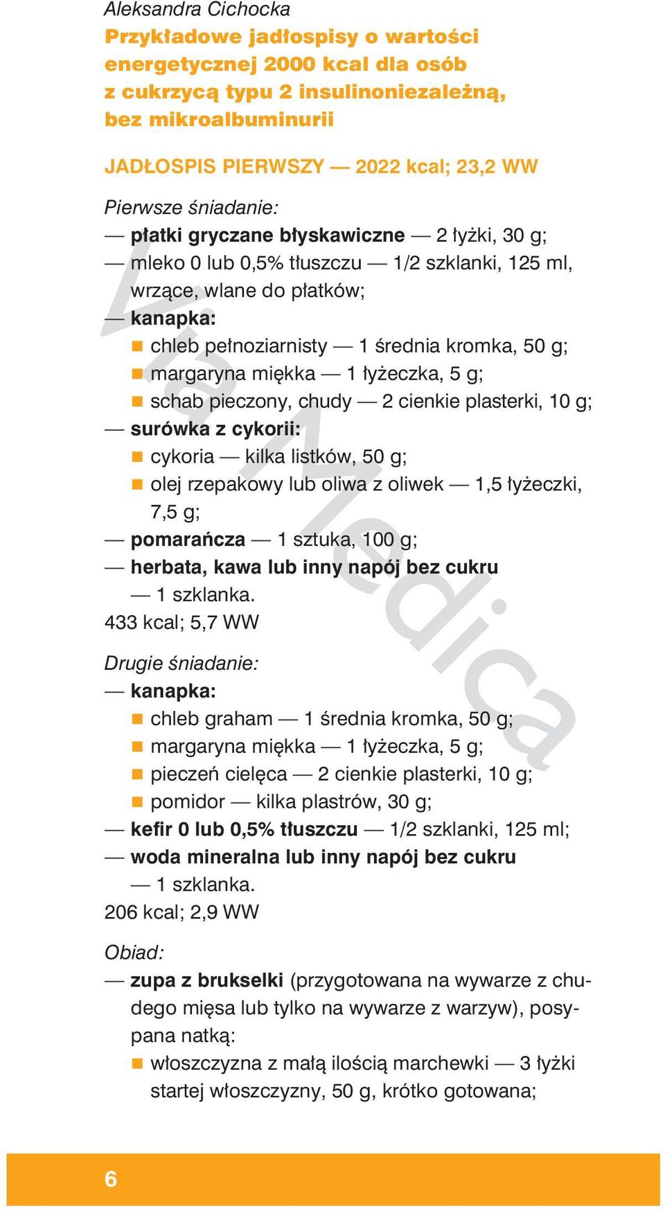 cienkie plasterki, 10 g; surówka z cykorii: cykoria kilka listków, 50 g; olej rzepakowy lub oliwa z oliwek 1,5 łyżeczki, 7,5 g; pomarańcza 1 sztuka, 100 g; herbata, kawa lub inny napój bez cukru 433