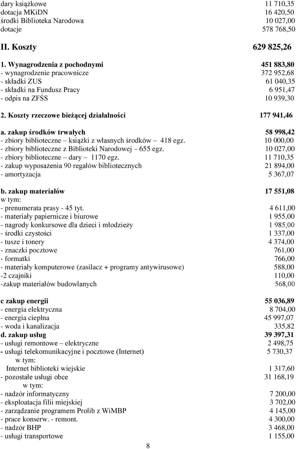 Koszty rzeczowe bieżącej działalności 177 941,46 a. zakup środków trwałych 58 998,42 - zbiory biblioteczne książki z własnych środków 418 egz.