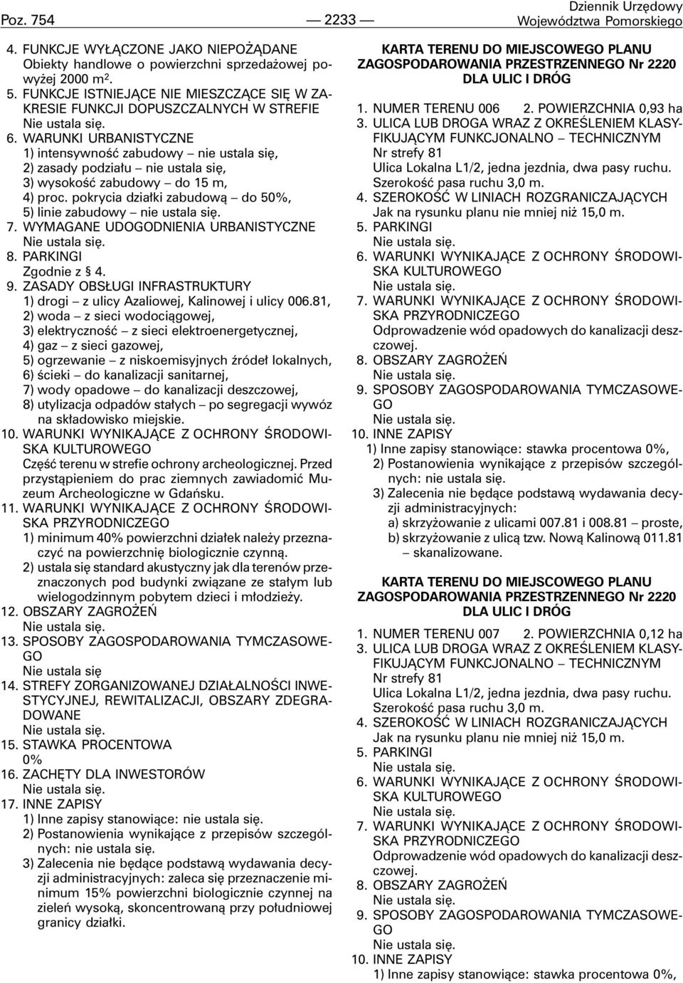 WARUNKI URBANISTYCZNE 1) intensywnoœæ zabudowy nie ustala siê, 2) zasady podzia³u nie ustala siê, 3) wysokoœæ zabudowy do 15 m, 4) proc.