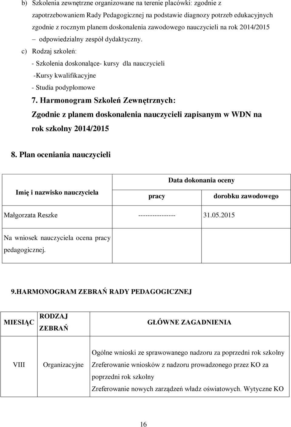 Harmonogram Szkoleń Zewnętrznych: Zgodnie z planem doskonalenia nauczycieli zapisanym w WDN na rok szkolny 2014/2015 8.