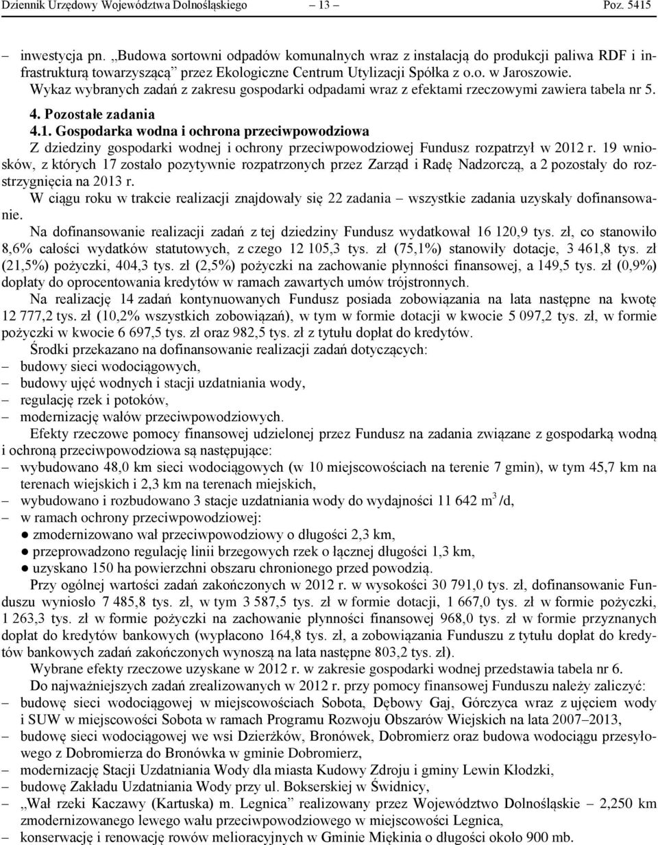 Wykaz wybranych zadań z zakresu gospodarki odpadami wraz z efektami rzeczowymi zawiera tabela nr 5. 4. Pozostałe zadania 4.1.