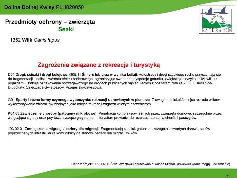 Brakuje oznakowania ostrzegawczego na drogach publicznych sąsiadujących z obszarem Natura 2000: Osiecznica- Długokąty, Osiecznica-Świętoszów, Przejęsław-Ławszowa.