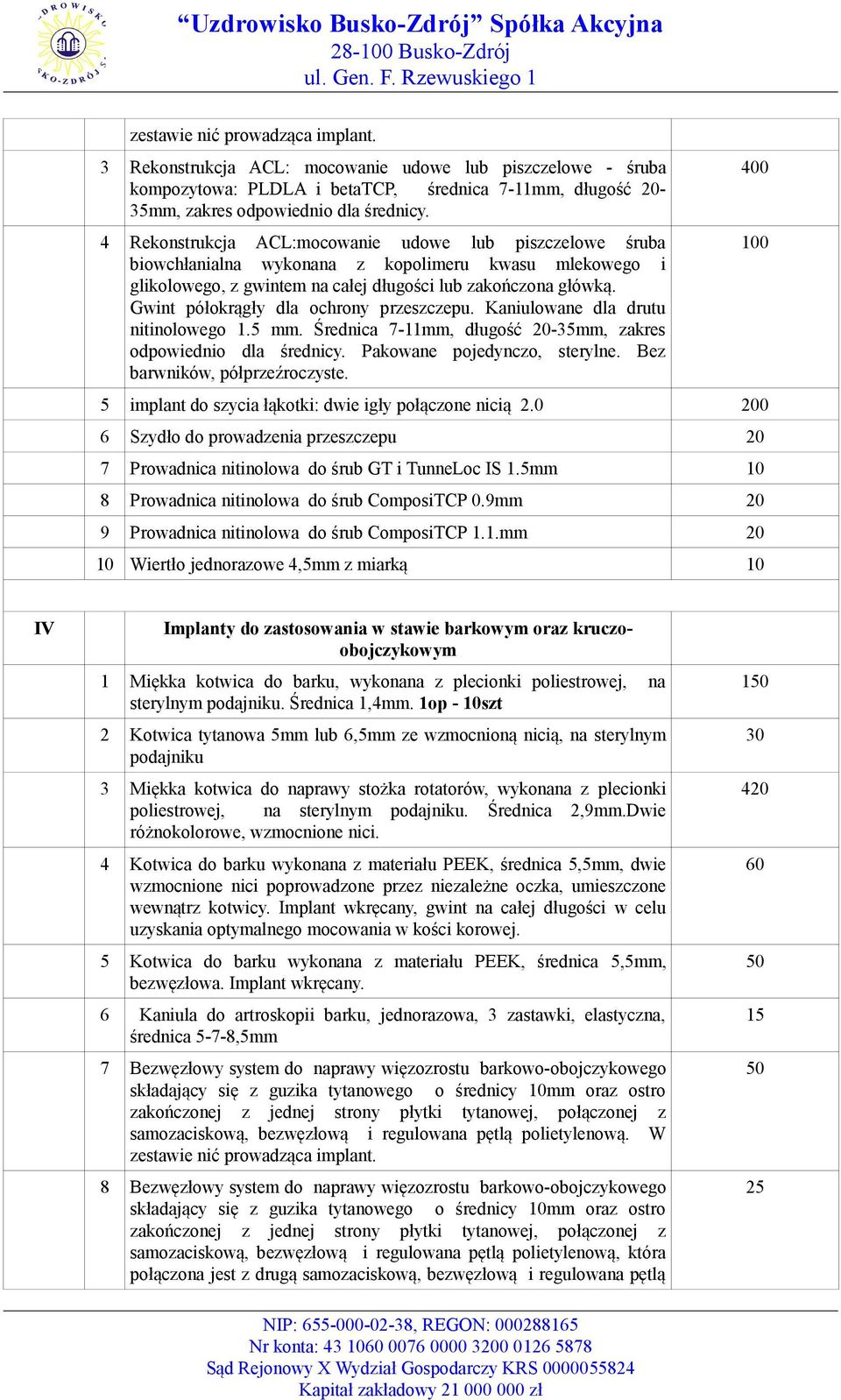 4 Rekonstrukcja ACL:mocowanie udowe lub piszczelowe śruba biowchłanialna wykonana z kopolimeru kwasu mlekowego i glikolowego, z gwintem na całej długości lub zakończona główką.