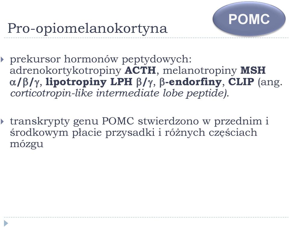 -endorfiny, CLIP (ang. corticotropin-like intermediate lobe peptide).