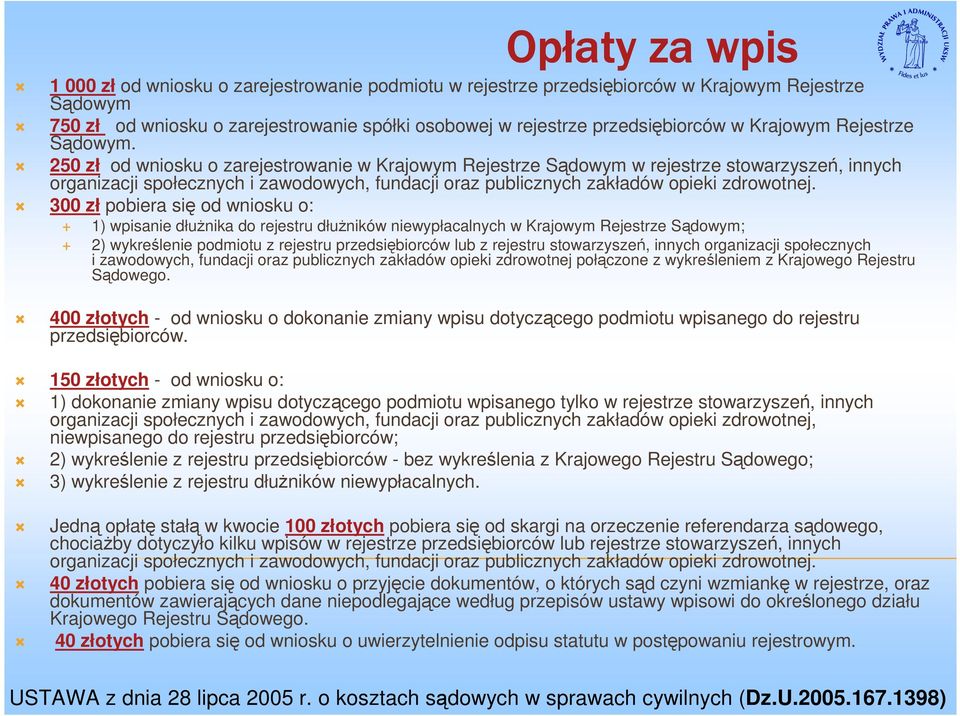 250 zł od wniosku o zarejestrowanie w Krajowym Rejestrze Sądowym w rejestrze stowarzyszeń, innych organizacji społecznych i zawodowych, fundacji oraz publicznych zakładów opieki zdrowotnej.