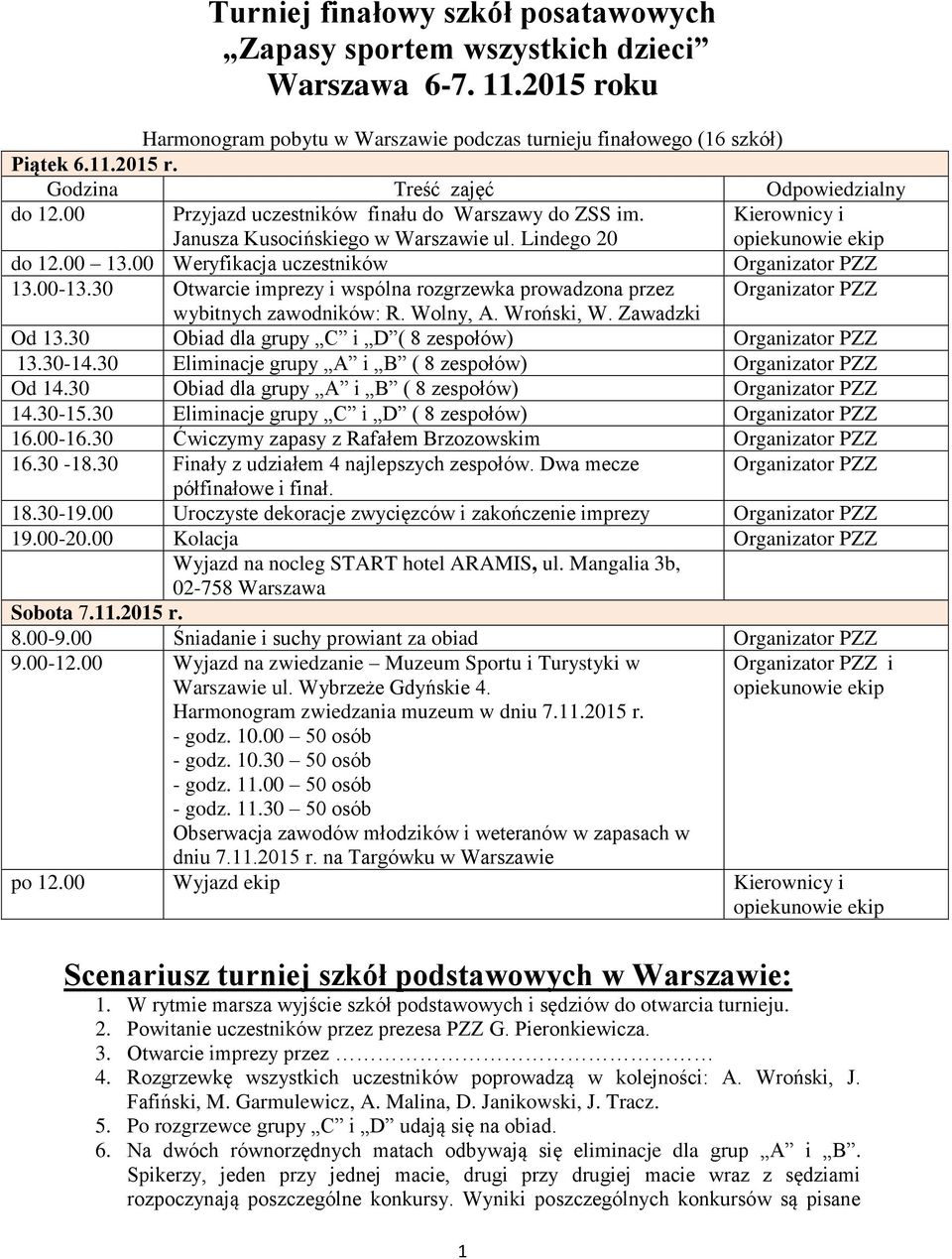 30 Otwarcie imprezy i wspólna rozgrzewka prowadzona przez Organizator PZZ wybitnych zawodników: R. Wolny, A. Wroński, W. Zawadzki Od 13.30 Obiad dla grupy C i D ( 8 zespołów) Organizator PZZ 13.30-14.