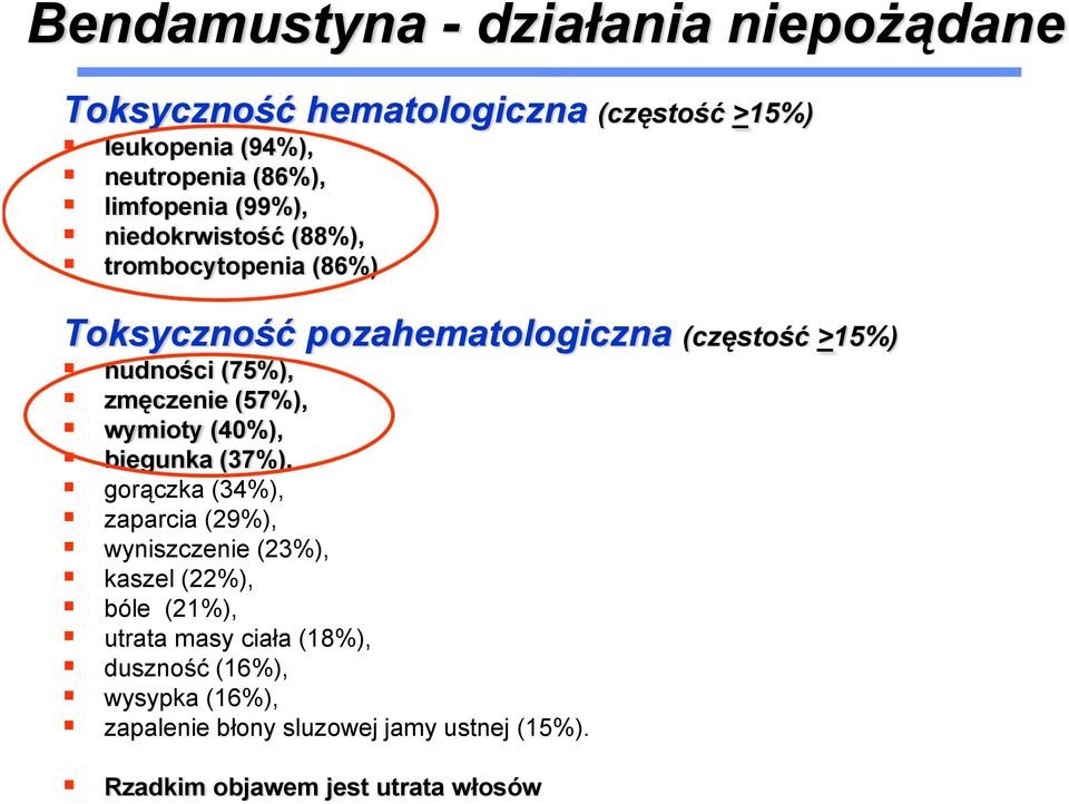 zmęczenie (57%), wymioty (40%), biegunka (37%), gorączka (34%), zaparcia (29%), wyniszczenie (23%), kaszel (22%), bóle (21%),