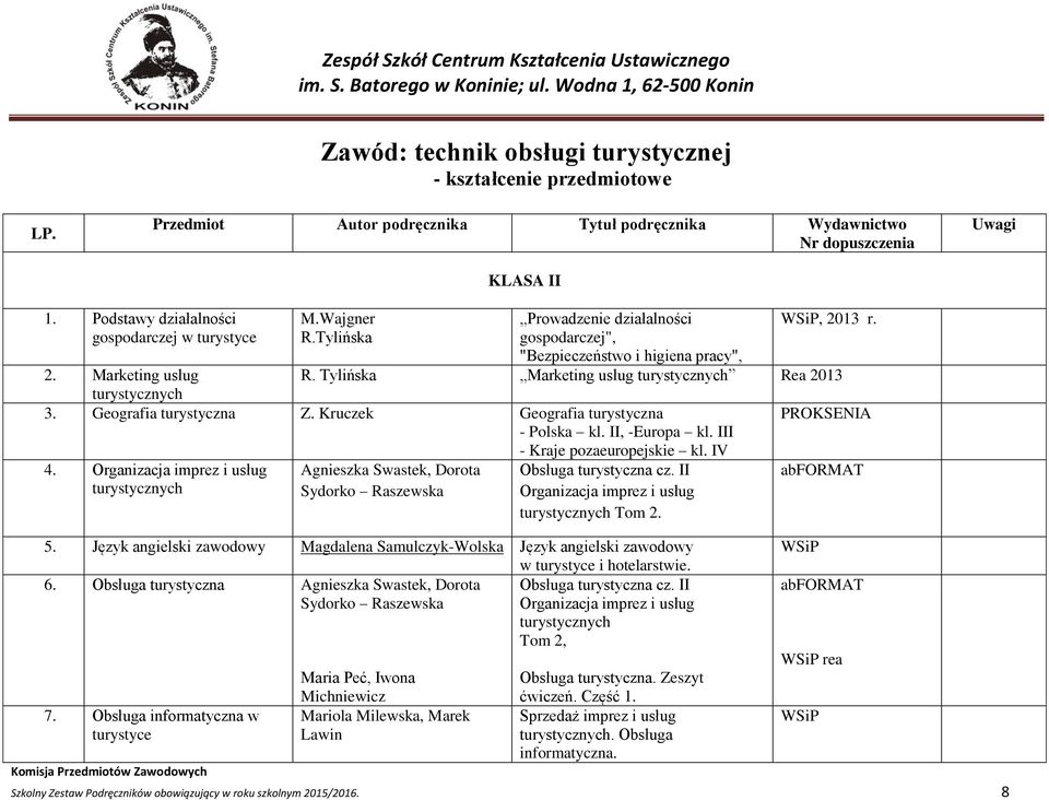 Geografia turystyczna Z. Kruczek Geografia turystyczna - Polska kl. II, -Europa kl. III - Kraje pozaeuropejskie kl. IV 4.