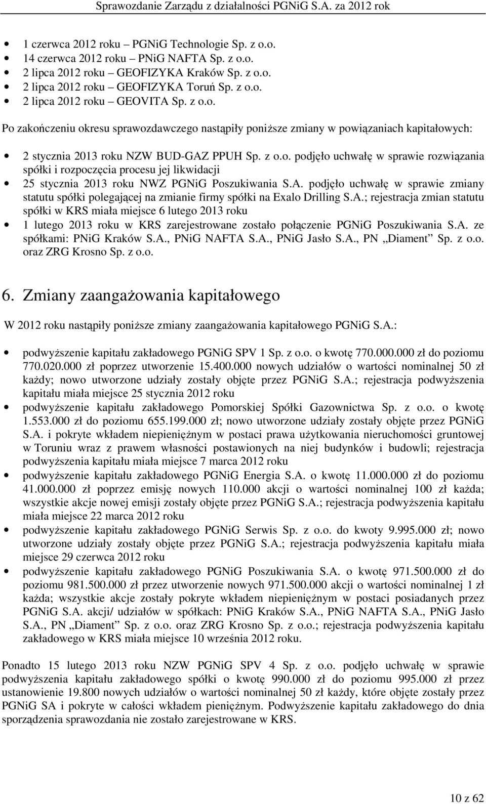 A. podjęło uchwałę w sprawie zmiany statutu spółki polegającej na zmianie firmy spółki na Exalo Drilling S.A.; rejestracja zmian statutu spółki w KRS miała miejsce 6 lutego 2013 roku 1 lutego 2013 roku w KRS zarejestrowane zostało połączenie PGNiG Poszukiwania S.