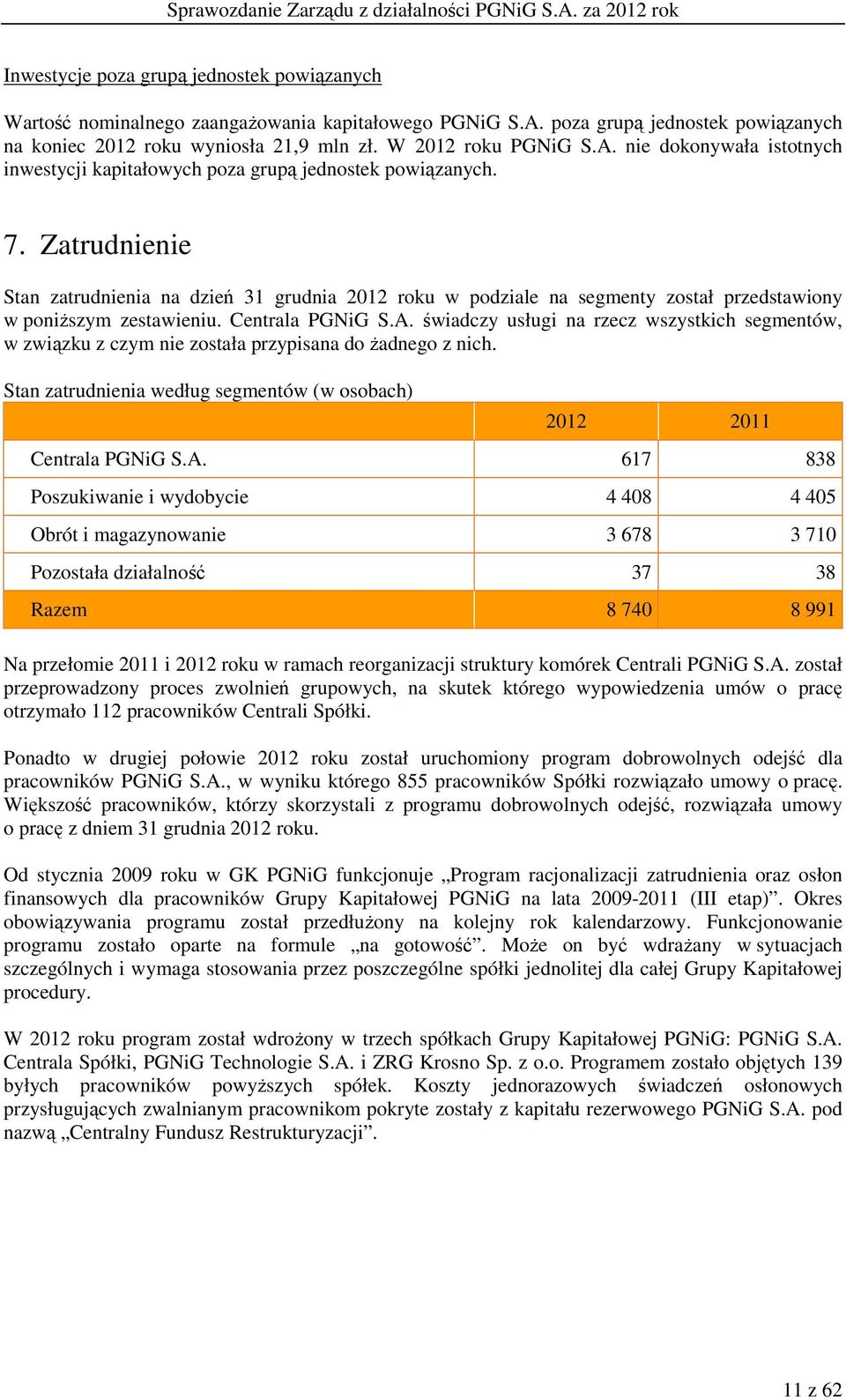 świadczy usługi na rzecz wszystkich segmentów, w związku z czym nie została przypisana do żadnego z nich. Stan zatrudnienia według segmentów (w osobach) 2012 2011 Centrala PGNiG S.A.