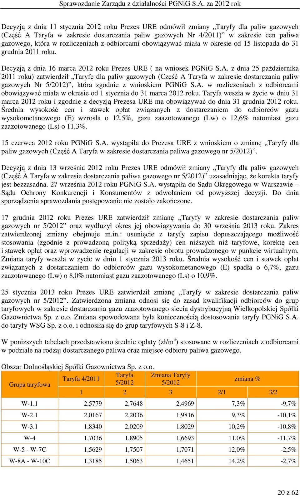 z dnia 25 października 2011 roku) zatwierdził Taryfę dla paliw gazowych (Część A Taryfa w zakresie dostarczania paliw gazowych Nr 5/2012), która zgodnie z wnioskiem PGNiG S.A. w rozliczeniach z odbiorcami obowiązywać miała w okresie od 1 stycznia do 31 marca 2012 roku.