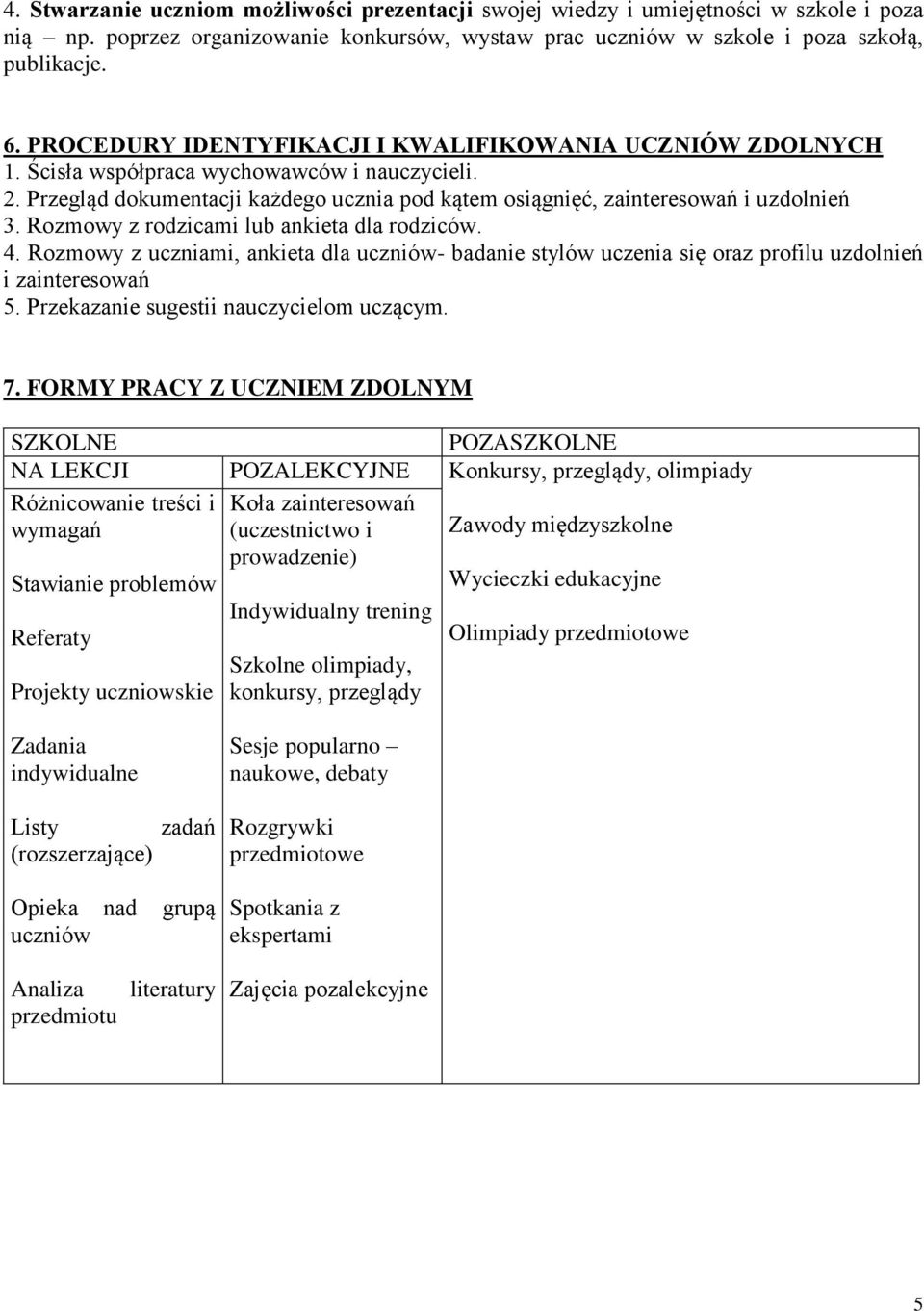 Rozmowy z rodzicami lub ankieta dla rodziców. 4. Rozmowy z uczniami, ankieta dla uczniów- badanie stylów uczenia się oraz profilu uzdolnień i zainteresowań 5.