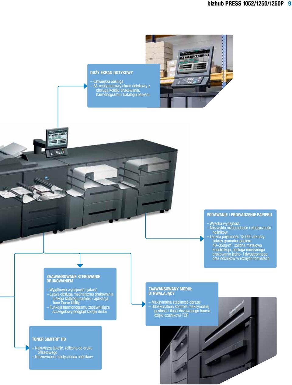 jedno- i dwustronnego oraz nośników w różnych formatach Zaawansowane sterowanie drukowaniem Wyjątkowa wydajność i jakość Łatwa obsługa mechanizmu drukowania, funkcja katalogu papieru i aplikacja Tone