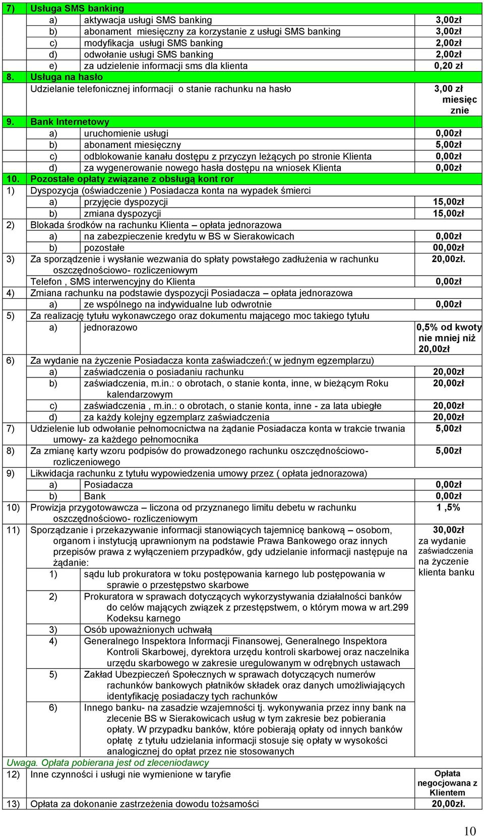 Bank Internetowy a) uruchomienie usługi 0,00zł b) abonament miesięczny 5,00zł c) odblokowanie kanału dostępu z przyczyn leżących po stronie Klienta 0,00zł d) za wygenerowanie nowego hasła dostępu na