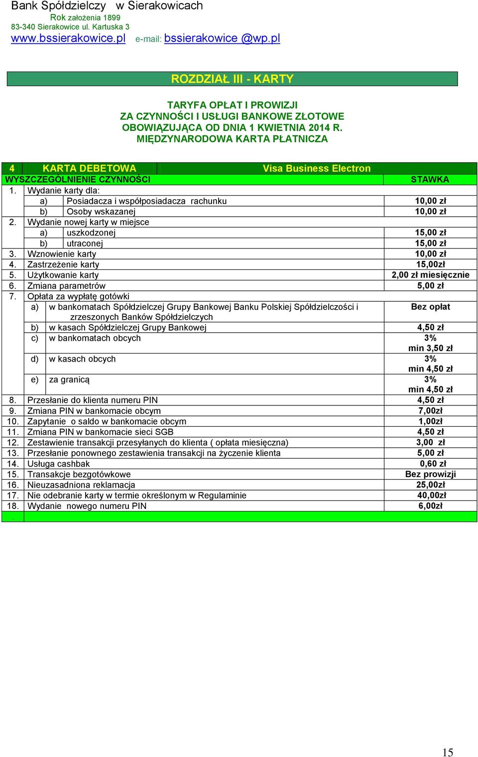 Wznowienie karty 10,00 zł 4. Zastrzeżenie karty 15,00zł 5. Użytkowanie karty 2,00 zł miesięcznie 6. Zmiana parametrów 5,00 zł 7.