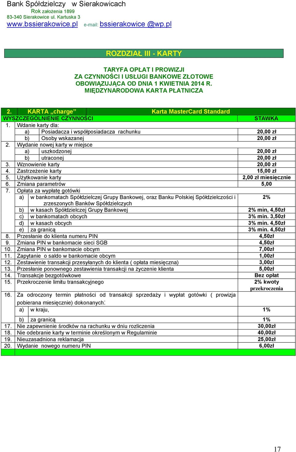 Wznowienie karty 20,00 zł 4. Zastrzeżenie karty 15,00 zł 5. Użytkowanie karty 2,00 zł miesięcznie 6. Zmiana parametrów 5,00 7.