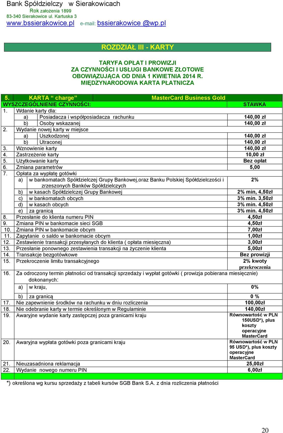 Wznowienie karty 140,00 zł 4. Zastrzeżenie karty 10,00 zł 5. Użytkowanie karty Bez opłat 6. Zmiana parametrów 5,00 7.