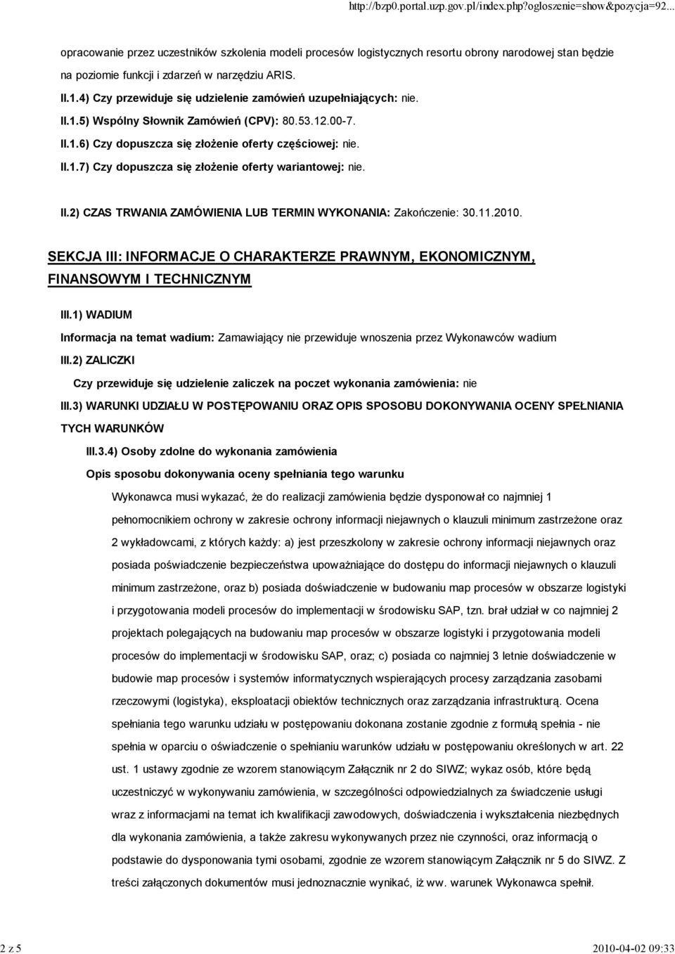 11.2010. SEKCJA III: INFORMACJE O CHARAKTERZE PRAWNYM, EKONOMICZNYM, FINANSOWYM I TECHNICZNYM III.