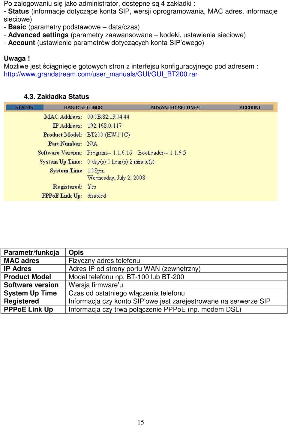 MoŜliwe jest ściągnięcie gotowych stron z interfejsu konfiguracyjnego pod adresem : http://www.grandstream.com/user_manuals/gui/gui_bt200.rar 4.3.