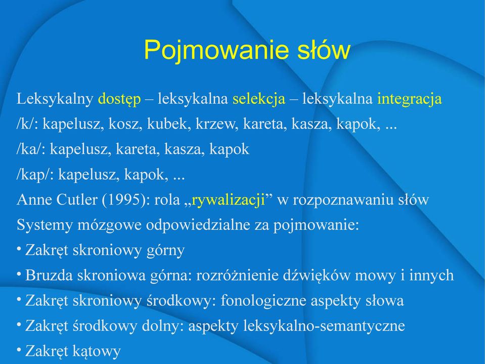 .. Anne Cutler (1995): rola rywalizacji w rozpoznawaniu słów Systemy mózgowe odpowiedzialne za pojmowanie: Zakręt skroniowy