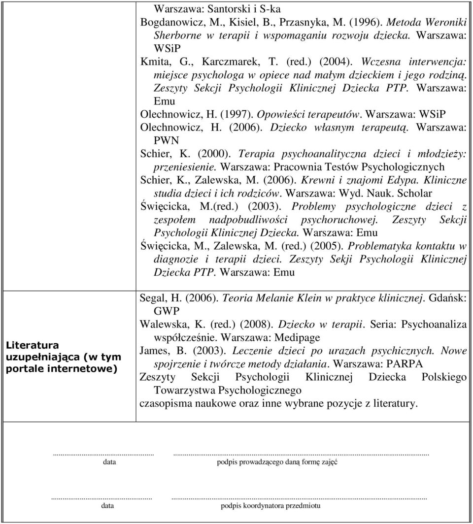 Olechnowicz, H. (2006). Dziecko własnym terapeutą. Warszawa: PWN Schier, K. (2000). Terapia psychoanalityczna dzieci i młodzieży: przeniesienie. Warszawa: Pracownia Testów Psychologicznych Schier, K.