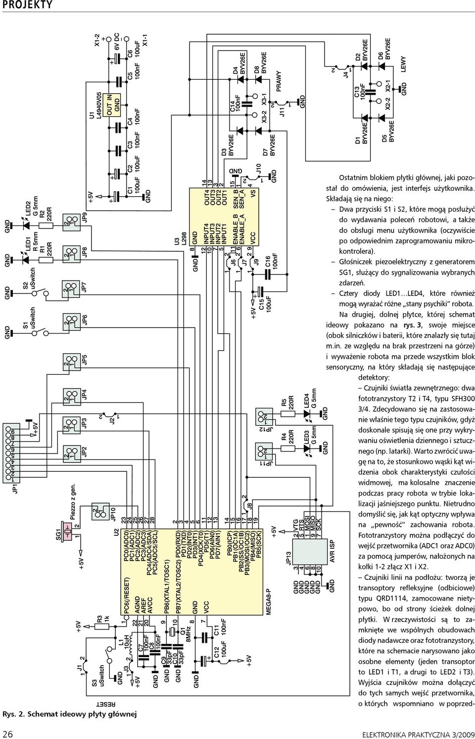 Głośniczek piezoelektryczny z generatorem SG1, służący do sygnalizowania wybranych zdarzeń. Cztery diody LED1 LED4, które również mogą wyrażać różne stany psychiki robota.