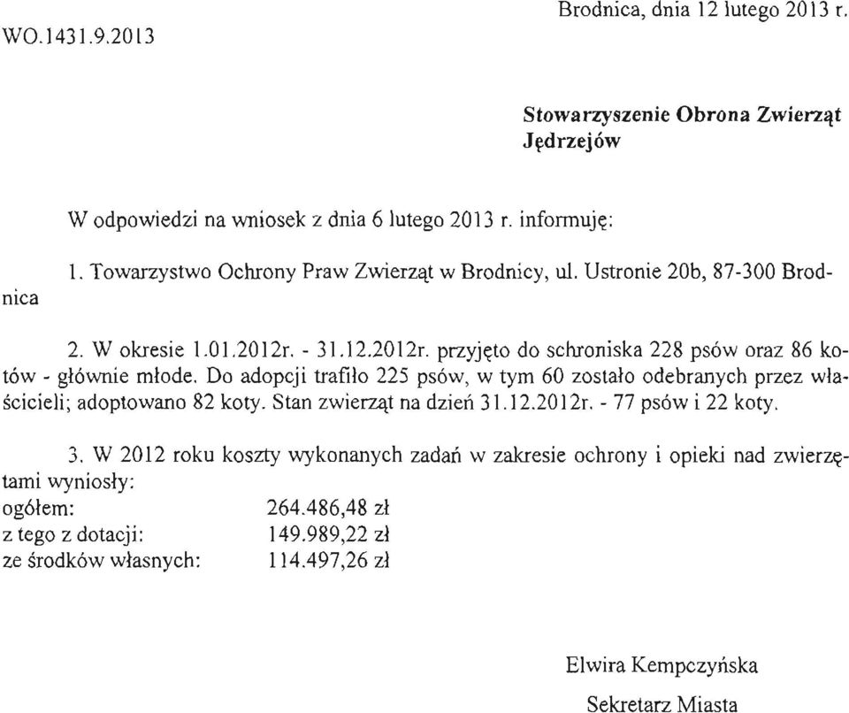 Do adopcji trafiło 225 psów, w tym 60 zostało odebranych przez właścicieli; adoptowano 82 koty. Stan zwierząt na dzień 31