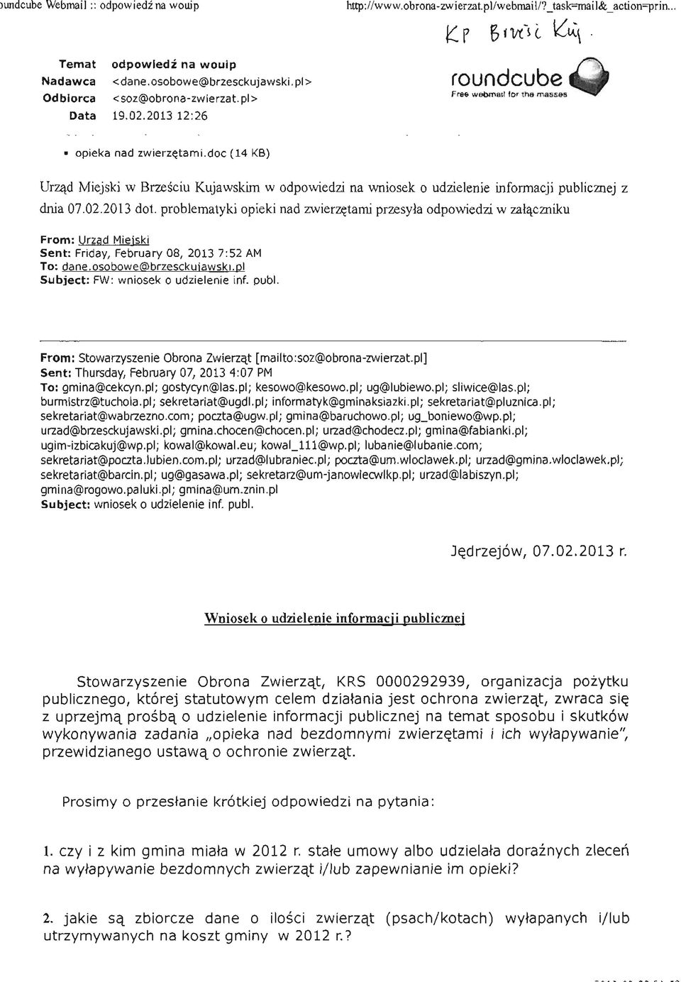 doc (14 KB) Urząd Miejski w Brześciu Kujawskim w odpowiedzi na wniosek o udzielenie informacji publicznej z dnia 07.02.2013 dot.