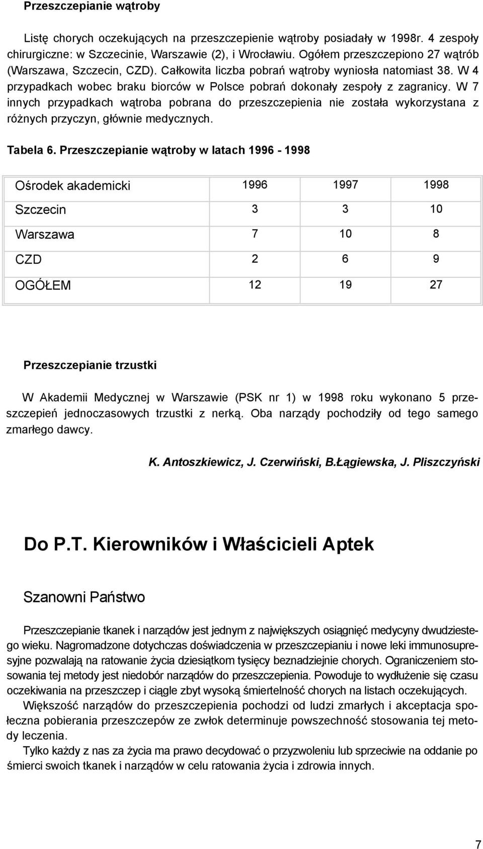 W 7 innych przypadkach wątroba pobrana do przeszczepienia nie została wykorzystana z różnych przyczyn, głównie medycznych. Tabela 6.