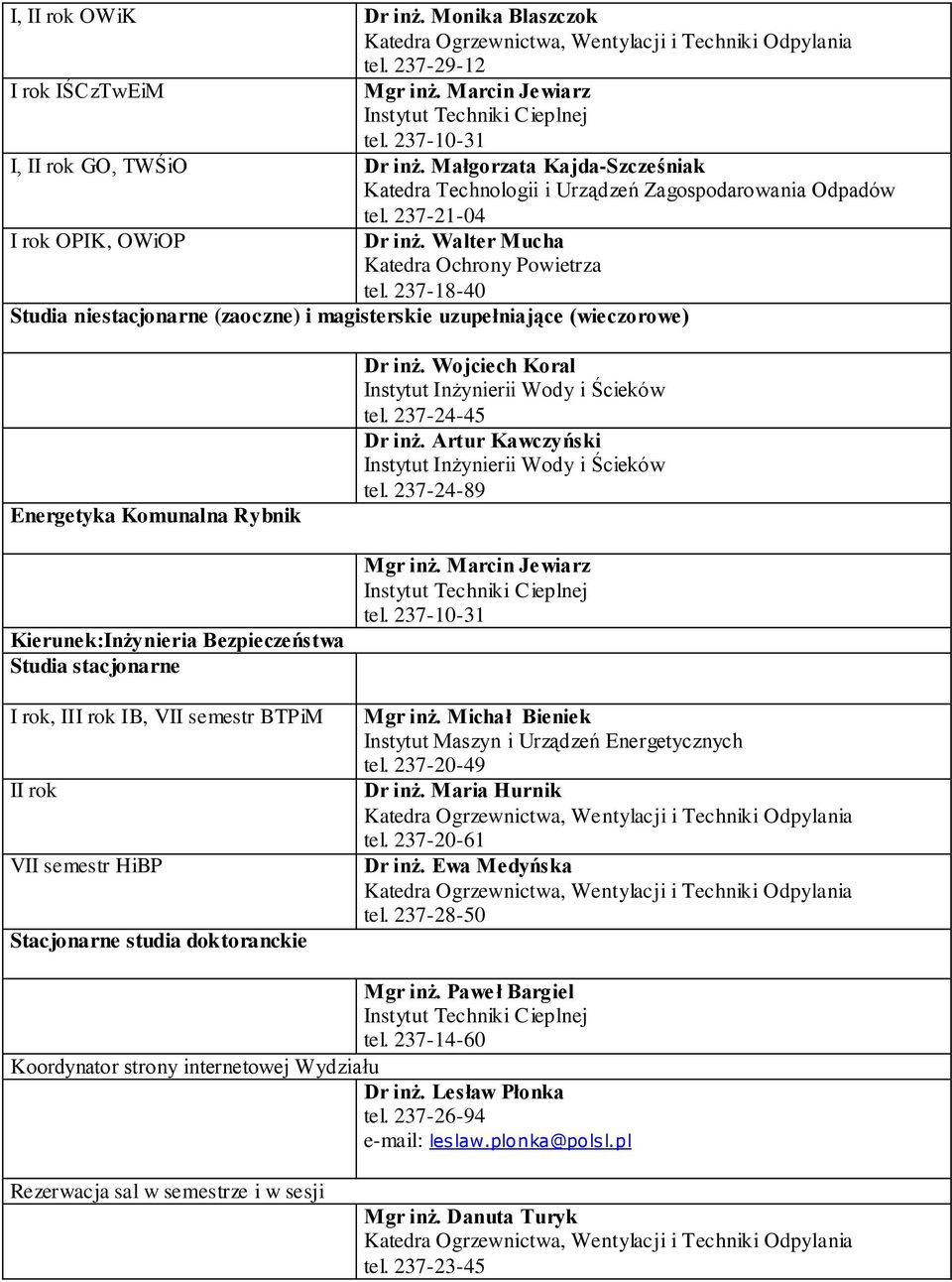 rok, I IB, VII semestr BTPiM VII semestr HiBP Stacjonarne studia doktoranckie Dr inż. Wojciech Koral tel. 237-24-45 Dr inż. Artur Kawczyński tel. 237-24-89 Mgr inż.