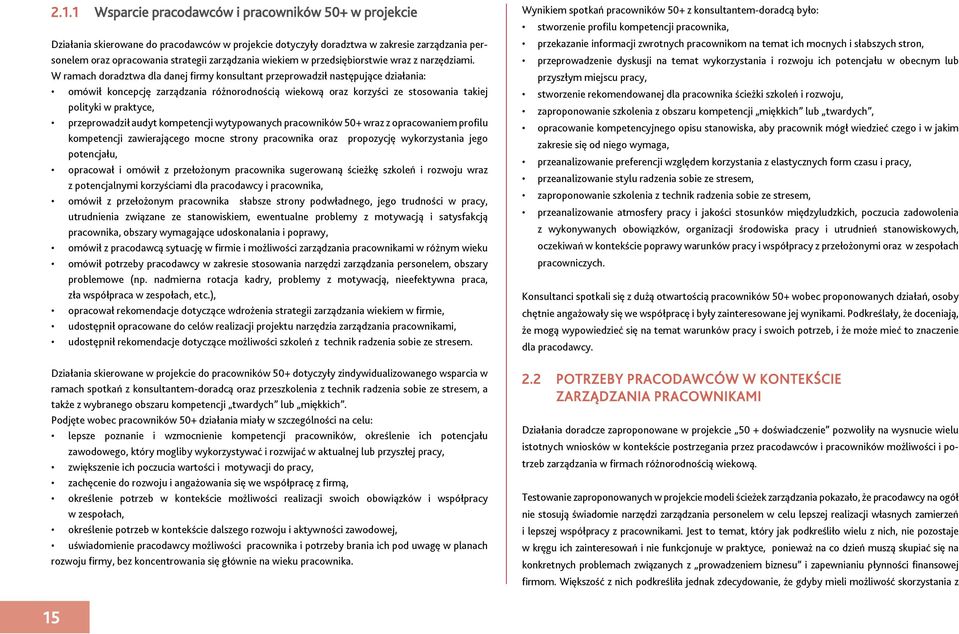 W ramach doradztwa dla danej firmy konsultant przeprowadził następujące działania: omówił koncepcję zarządzania różnorodnością wiekową oraz korzyści ze stosowania takiej polityki w praktyce,