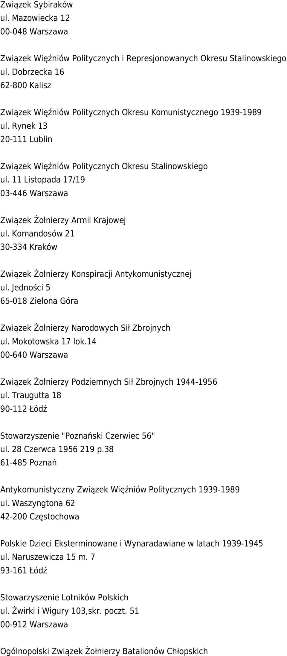 11 Listopada 17/19 03-446 Warszawa Związek Żołnierzy Armii Krajowej ul. Komandosów 21 30-334 Kraków Związek Żołnierzy Konspiracji Antykomunistycznej ul.