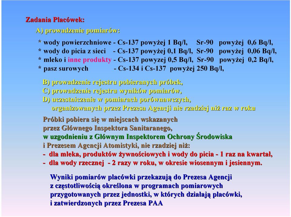 pomiarów, D) uczestniczenie w pomiarach porównawczych, organizowanych przez Prezesa Agencji nie rzadziej niż raz w roku Próbki pobiera się w miejscach wskazanych przez Głównego Inspektora