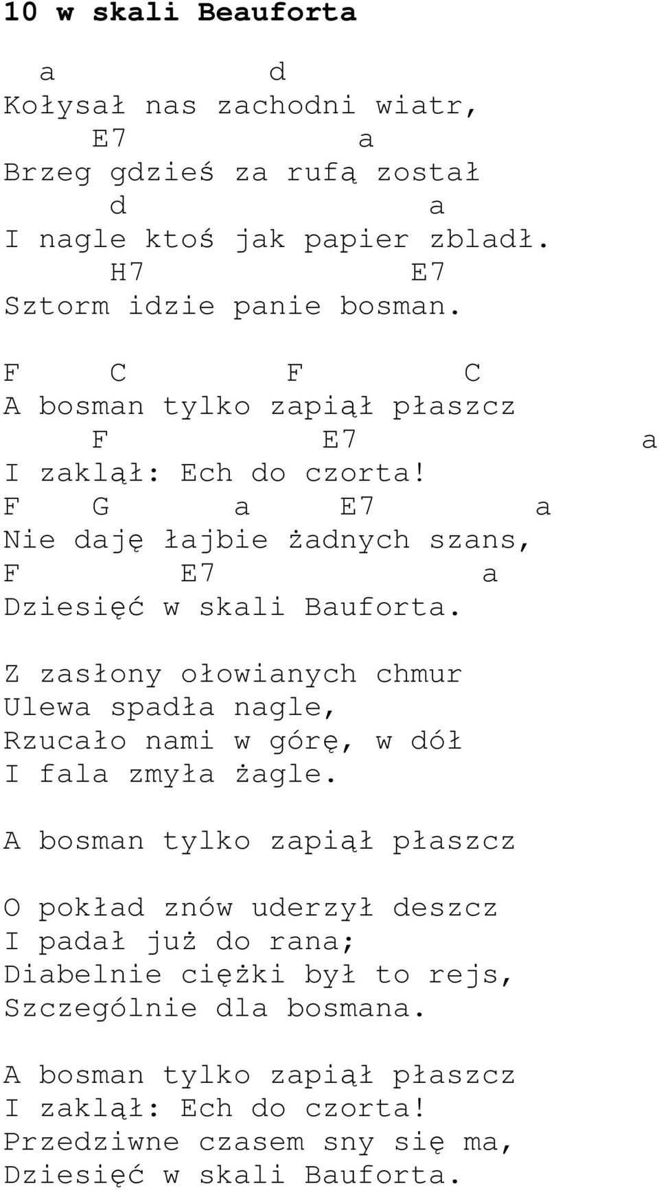 Z zasłony ołowianych chmur Ulewa spadła nagle, Rzucało nami w górę, w dół I fala zmyła Ŝagle.