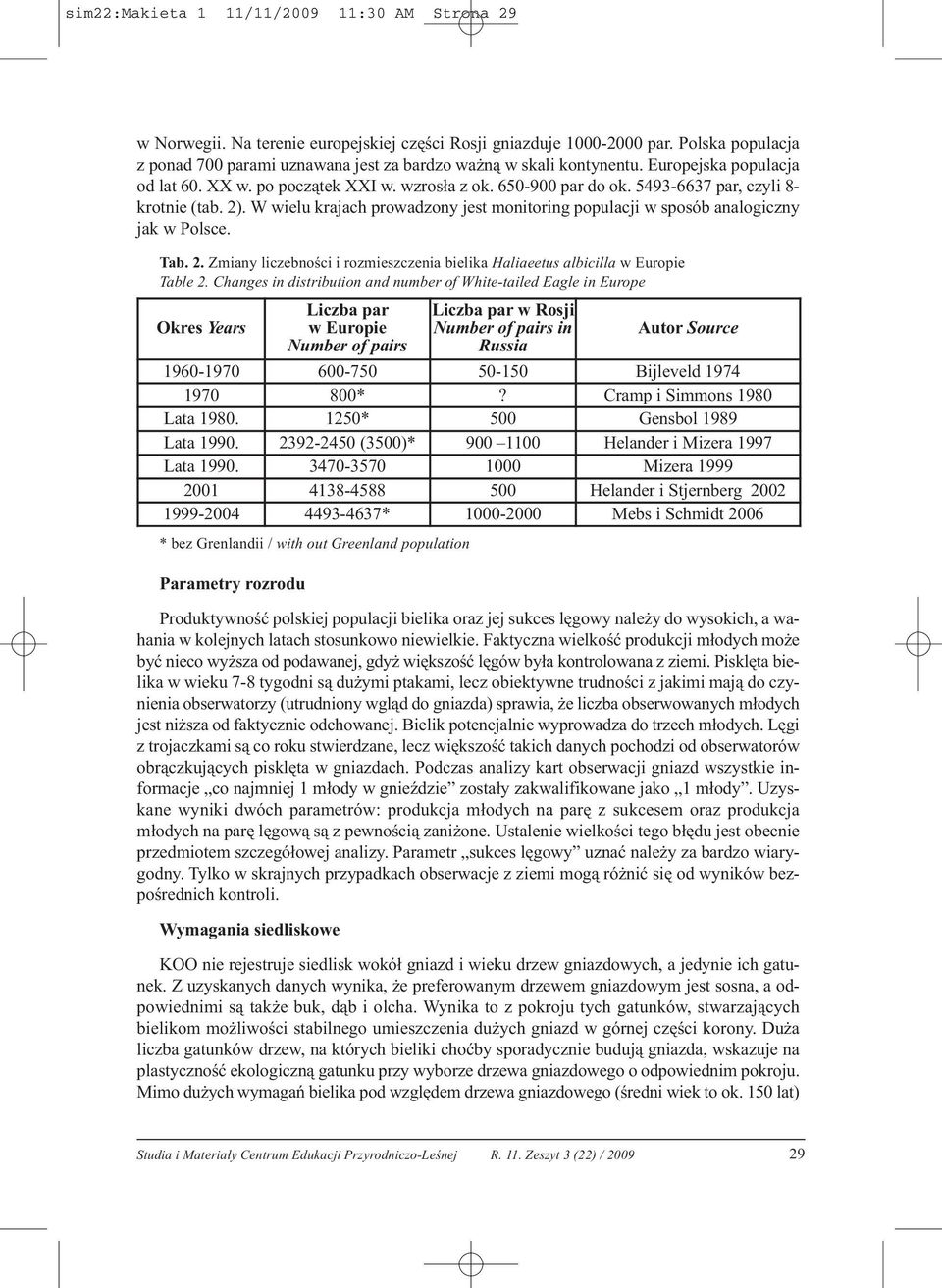 5493-6637 par, czyli 8- krotnie (tab. 2). W wielu krajach prowadzony jest monitoring populacji w sposób analogiczny jak w Polsce. Tab. 2. Zmiany liczebności i rozmieszczenia bielika Haliaeetus albicilla w Europie Table 2.